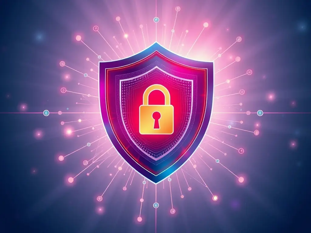 An image showing a shield with a lock over a digital data network, symbolizing secure and compliant data protection.