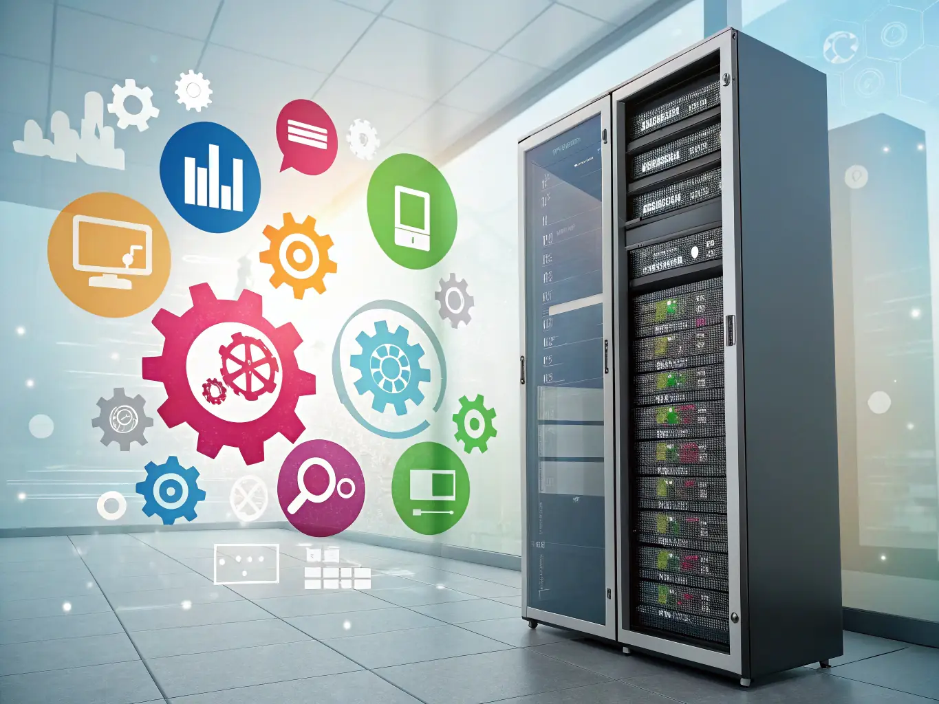 A visually striking image depicting a simplified server room setup, showcasing the reduced hardware footprint achieved through ultra-converged infrastructure. The image should convey a sense of order, efficiency, and ease of management.